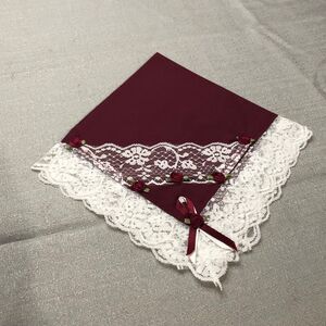 Vintage1960s Handmade Ladies Lacy Handkerchief in Dark Burgandy w/Roses, Ribbon